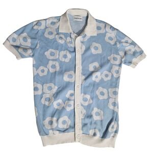 OXKNITSTORE Mens Blue White Floral Knit Polo Shirt Short Sleeve Button Down L